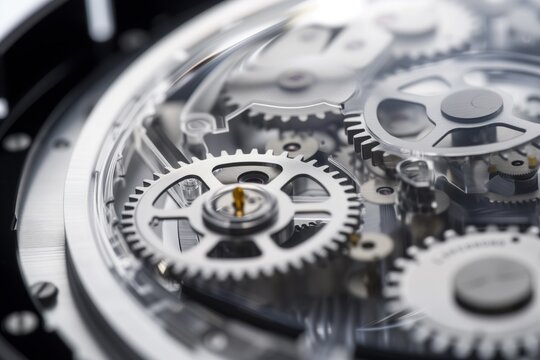 a macro look at silicon gears inside a futuristic concept timekeeping device