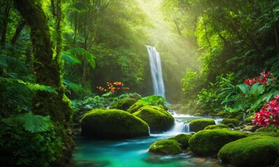 Waterfall hidden in the tropical jungle, amazing nature