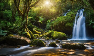 Naklejka na ściany i meble Waterfall hidden in the tropical jungle, amazing nature