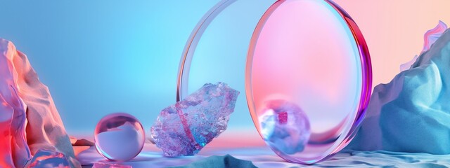 Abstract pink and blue background in 3D style with glass spheres
