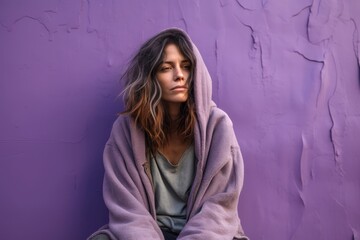 A solitary homeless woman, 35 years old, dealing with mental health struggles, bringing attention to the intersectionality of homelessness and mental well-being on a solid muted lavender background