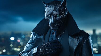 Visualize a suave panther in a tailored leather trench coat, accessorized with a platinum chain necklace and leather gloves. Against a backdrop of urban nightlife, it exudes mysterious allure and soph - obrazy, fototapety, plakaty