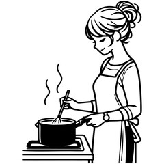 Woman Cooking at Home Drawing.