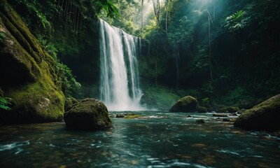 Fototapeta premium Waterfall hidden in the tropical jungle, amazing nature