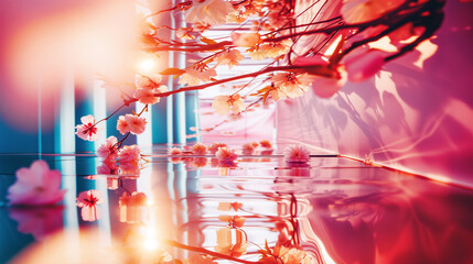 Pink Hanami / cherry blossom glitch core, reflective water still life -Generative AI