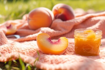 picnic setting with peachcolored blanket and peach fruit spread
