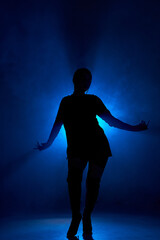 Silhoette of sexy woman dancing in dark smoky room with blue backlit. Unrecognizable lady with passionate body moving sensually alone in room, rehearsal, performance. portrait copy space