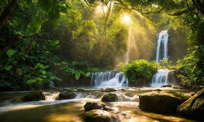 Waterfall hidden in the tropical jungle, amazing nature