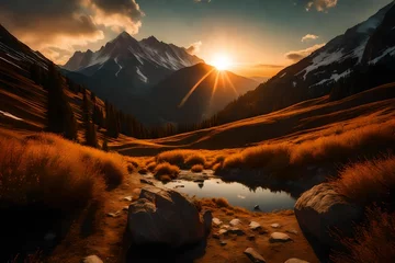 Schilderijen op glas sunrise in the mountains © qaiser