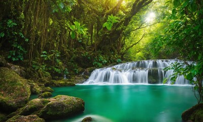 Fototapeta na wymiar Waterfall hidden in the tropical jungle, amazing nature