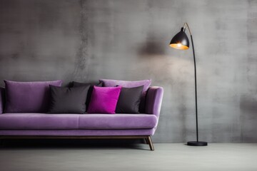 In this photo, a living room features a vibrant purple couch and a sleek black floor lamp, creating a modern and stylish aesthetic.