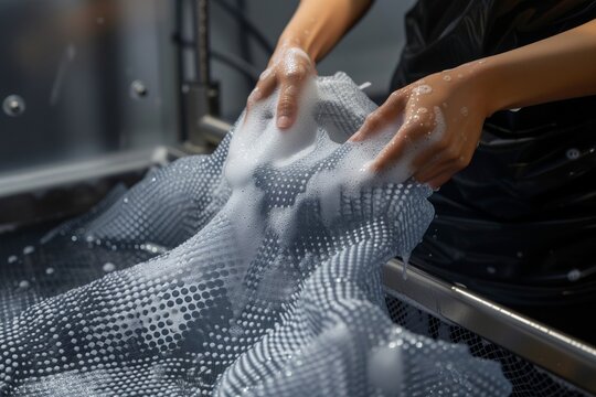 person washing a 3d printed garment, demonstrating its durability