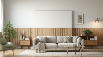 Empty blue living room interior with a blank poster on the wall, 3d illustration