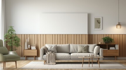 Fototapeta premium Empty blue living room interior with a blank poster on the wall, 3d illustration
