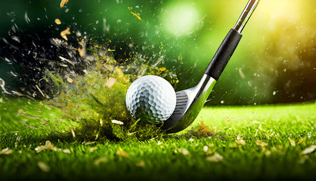 Dynamic Impact of golf Swing. Closeup of a white golf ball and a metal golf club on a golf course, green grass. Generative Ai.