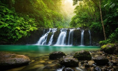 Obraz premium Waterfall hidden in the tropical jungle, amazing nature