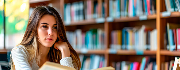 Thoughtful girl studying in a library. Space for text.