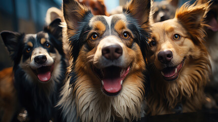 A group of dogs taking a selfie, background art wallpaper, print, poster, wall painting, interior - generative AI