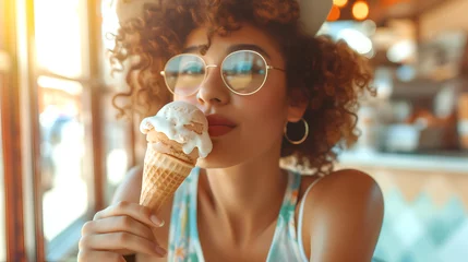 Foto op Plexiglas Radiant curly hair woman enjoying ice cream in cozy ice cream cafe, spring summer in vintage soft surrounding setting. Natural lighting.  © Sandra Chia