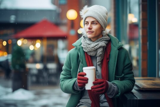  a non-binary person, approximately 32 years old, of Scandinavian heritage, dressed in layers of cozy knitwear and wearing a beanie, their expression content as they sip coffee outside a quaint café o