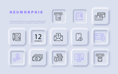 Online banking set line icon. Bank card, transfer, currency, dollar, bill, calculator, calculation. Neomorphism style. Vector line icon for business and advertising