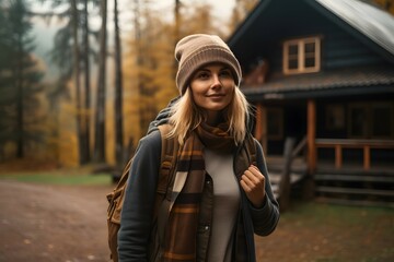 Fototapeta premium A female tourist enjoying the peaceful lakeside scenery, with a cabin and mountains in the background