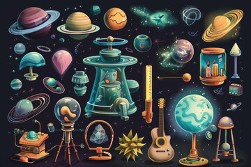 Vector cartoon set of Science theme objects and symbols
