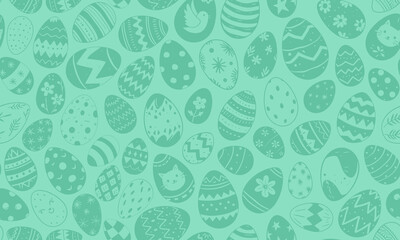 Easter eggs vector seamless pattern illustration. Painted chicken egg for spring holiday celebration in style of hand drawn doodle, green background. Repeated wallpaper