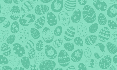 Easter eggs vector seamless pattern illustration. Painted chicken egg for spring holiday celebration in style of hand drawn doodle, green background. Repeated wallpaper