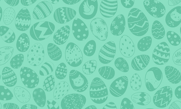 Easter eggs vector seamless pattern illustration. Painted chicken egg for spring holiday celebration in style of hand drawn doodle, green background. Repeated wallpaper