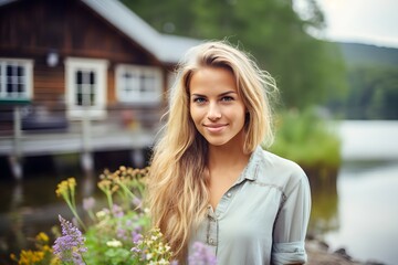 Naklejka premium A female tourist enjoying the peaceful lakeside scenery, with a cabin and mountains in the background