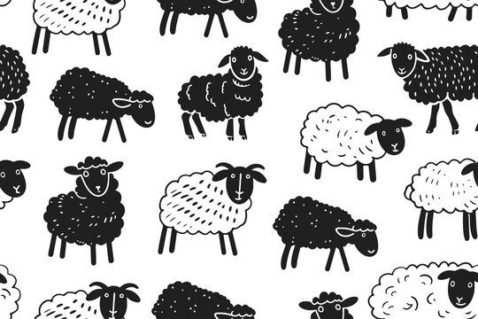 Sheep seamless pattern vector illustration. Farm animals in style of hand drawn black doodle on white background. Counting sheep, good night silhouette sketch for kid fabric