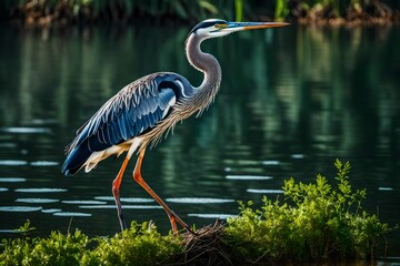 great blue heron in the water - obrazy, fototapety, plakaty
