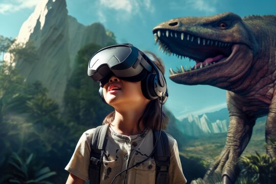 
Photograph A young girl, around 8 years old, of Caucasian descent, wearing wireless VR goggles and expressing wonder as she interacts with virtual dinosaurs in a prehistoric landscape