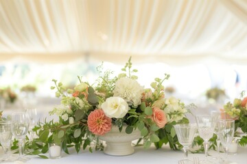 floral centerpieces on banquet tables under a white tent