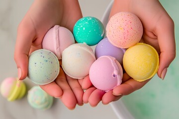 hands holding an assortment of colorful bath bombs