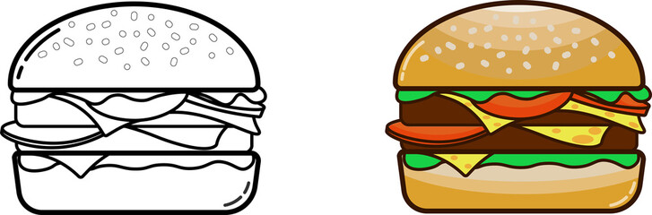 bundle isolate outline simple cheese burger, icon of fast food, with meat, salad and cheese