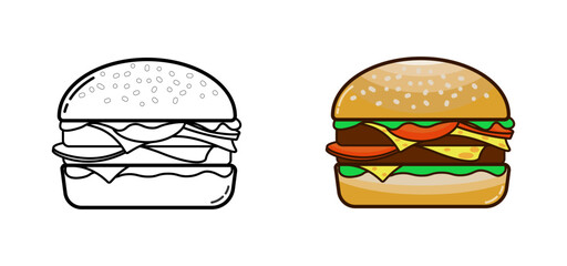 bundle isolate outline simple cheese burger, icon of fast food, with meat, salad and cheese