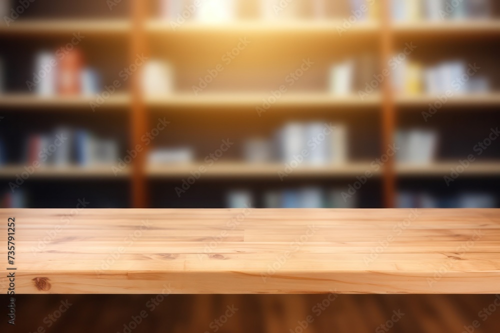 Wall mural Library empty wood table top with bookshelf blurred background for product display