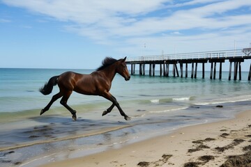 profile of horse running, pier extending into the sea