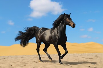 black horse with flowing mane on golden sand, blue sky