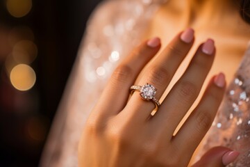 Ring finger adorned with a sparkling engagement ring, the bride's joyous expression blurred in the backdrop - obrazy, fototapety, plakaty