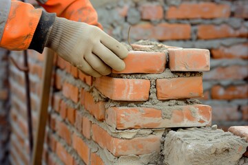 worker stacking bricks neatly on a new wall section