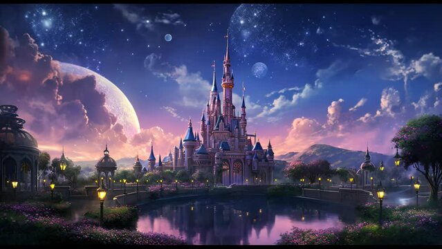 Enchanting Fairytale Castle at Night &ndash; Whimsical Princess Fantasy Background in High-Resolution  Magical-Inspired Art for Creative Projects