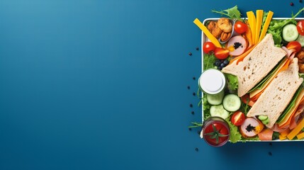 Aerial View of Wholesome School Lunch: Fresh Sandwiches and Snacks on Blue Background with Space for Text - obrazy, fototapety, plakaty