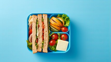 Aerial View of Wholesome School Lunch: Fresh Sandwiches and Snacks on Blue Background with Space for Text