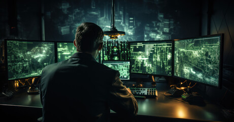 Obraz premium Office man sitting and working in front of a computer monitor control