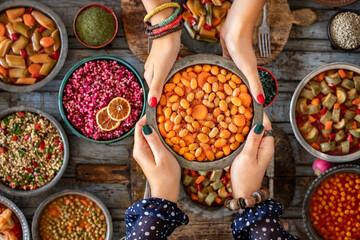 Vegan food named barbunya pilaki . Beans cooked with olive oil , tomatoes and carrot. 
