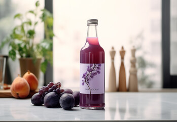 Plum fruit juice, Concept of natural juices in purple color. Neutral background.