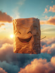 A conceptual image of a cartoon-style smiling paper bag floating gently among clouds, symbolizing lightness and environmental friendliness.